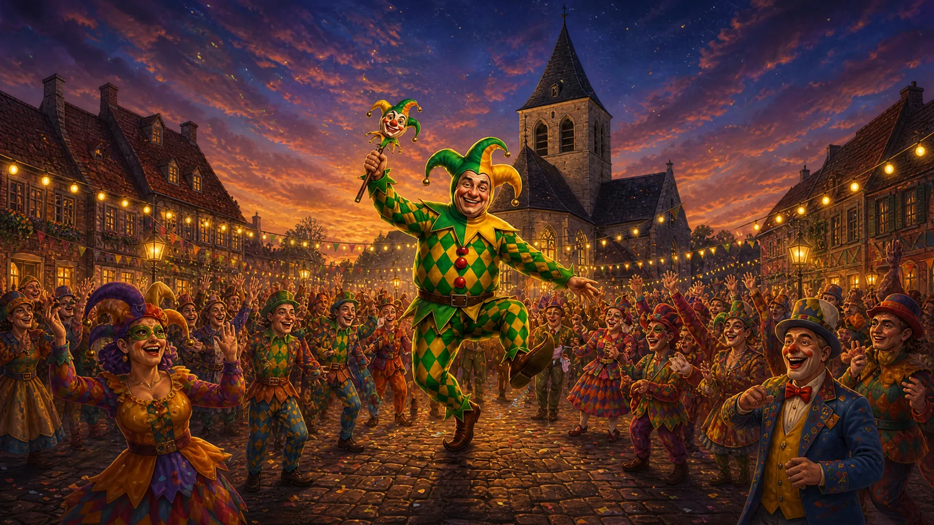 Andries danst op het plein voor de Sint-Salvatorkerk, tussen verklede dorpelingen onder lichtjes.